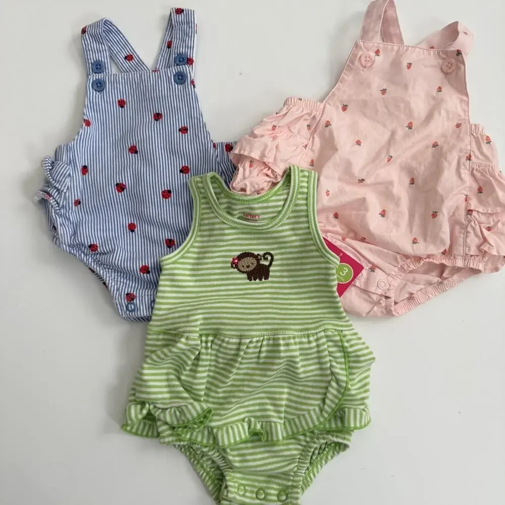 3x Carter’s bubble romper dress blue stripe ladybug pink strawberry green monkey